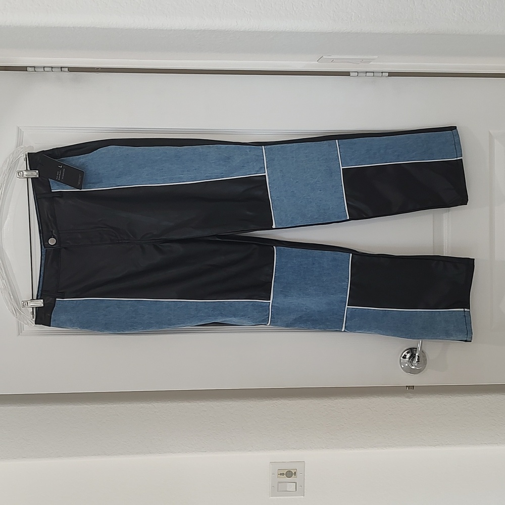 New Patchwork Jeans PU Leather & Denim High Rise Jeans L 10 / 12 Black Blue